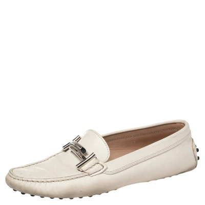 Pre-owned Tod's White Leather Gommino Double T Buckle Driver Loafers Size 37