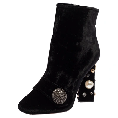 Pre-owned Dolce & Gabbana Black Velvet Embellished Ankle Length Boots Size 39