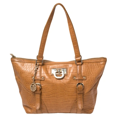 Pre-owned Dkny Brown Croc Embossed Leather Tote
