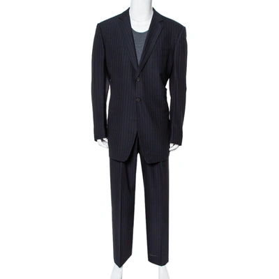 Pre-owned Giorgio Armani Classico Midnight Blue Pinstriped Wool & Silk Suit 5xl In Navy Blue