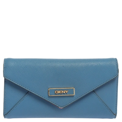 Pre-owned Dkny Blue/pink Leather Long Trifold Wallet