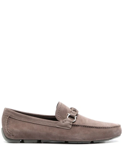 Ferragamo Gancini Suede Loafers In Grey