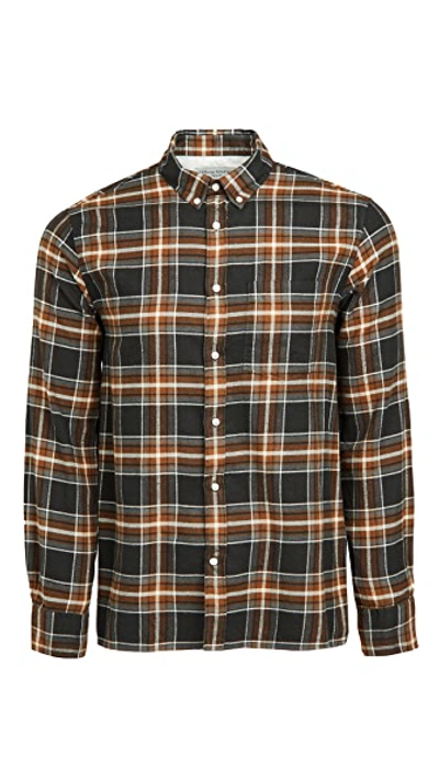 Officine Generale Jonas Camp-collar Checked Brushed Cotton-flannel Shirt In Ecru/navy/camel