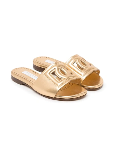 Dolce & Gabbana Kids' Logo-detail Metallic-effect Sandals In Gold