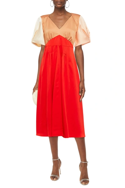 Rejina Pyo Harriet Gathered Colour-block Satin Midi Dress In Orange