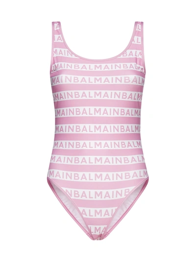Balmain Pink & White Bicolor Monogram One-piece Swimsuit