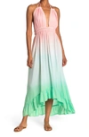 Boho Me Open Back Plunge Neck Ombre Halter Dress In Ombre Pink