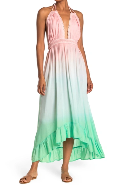 Boho Me Open Back Plunge Neck Ombre Halter Dress In Ombre Pink