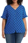 CECE DISCO DOT RUFFLE SLEEVE TOP