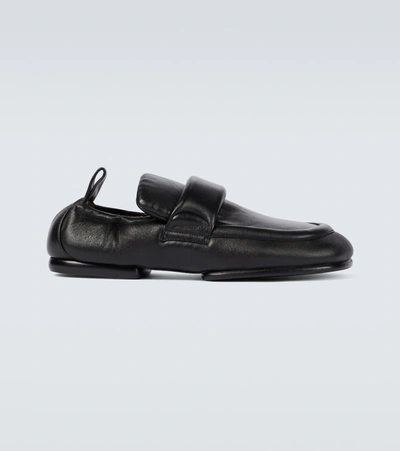 Dries Van Noten Black Grained Leather Padded Loafers In Olive
