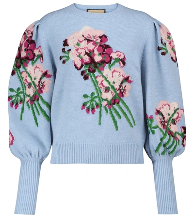 Gucci Flowers Intarsia Wool Sweater In 블루,멀티