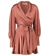 Zimmermann Belted Washed Silk-satin Mini Wrap Dress In Rose