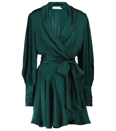 Zimmermann Bishop-sleeve Silk Wrap Mini Dress In Green
