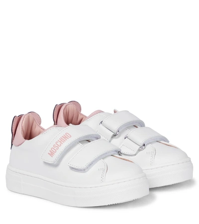 Moschino Kids' Logo Leather Strap Sneakers W/ Patch In White,pink