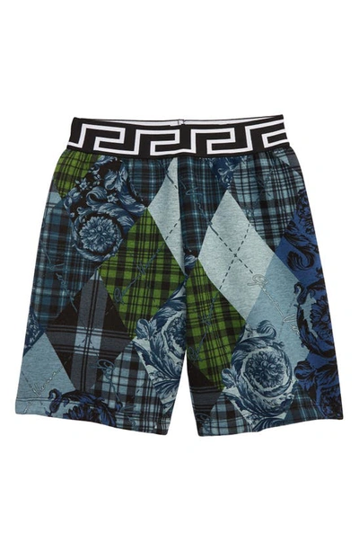 Versace Kids' Barocco Argyle Neoprene Shorts In Blue Light Blue