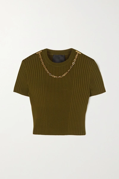 Givenchy Chain-embellished Cropped Ribbed Jersey T-shirt In Verde