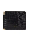 TOM FORD WALLET IN BLACK CROCODILE-EFFECT CALFSKIN WITH GOLDEN LOGO PRINT ON THE FRONT.