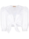 ADRIANA DEGREAS PUFF-SLEEVE TIE-FRONT BLOUSE