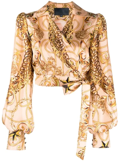 Philipp Plein New-baroque Wrap Silk Blouse In Beige