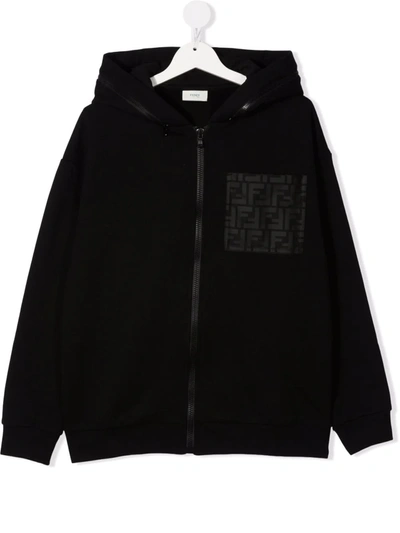 Fendi Teen Logo-pocket Zip-front Hoodie In Blue