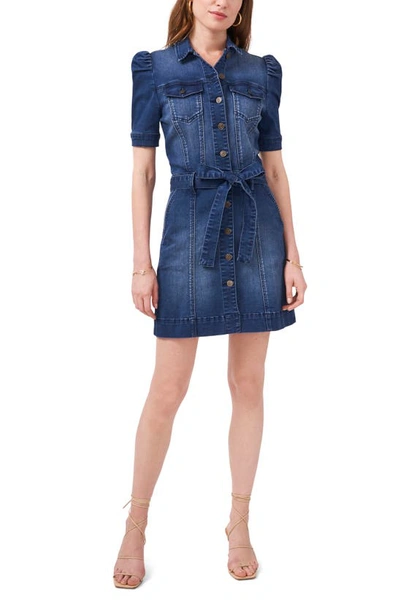 1.state Puff Sleeve Tie Waist Denim Shirtdress In Light Indigo Wash