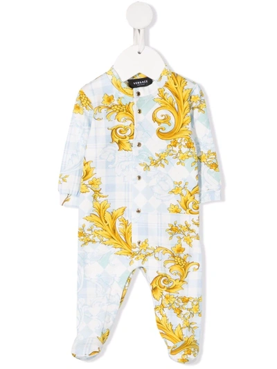 Versace Babies' All Over Baroque Print Jersey Romper In Light Blue,gold