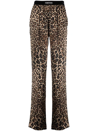 Tom Ford Velvet-trimmed Leopard-print Stretch-silk Satin Pants In Multi