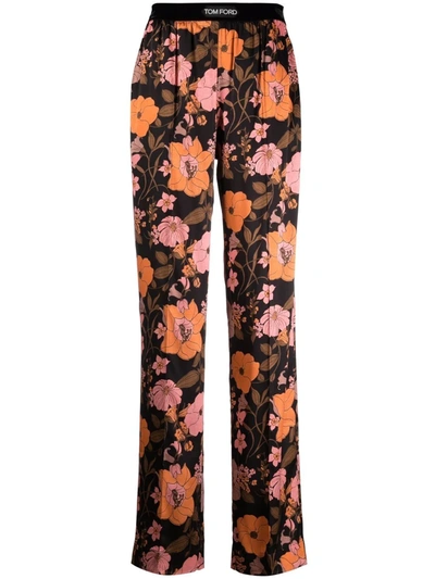 Tom Ford Velvet-trimmed Floral-print Stretch-silk Satin Pants In Zpeac Combo Peach