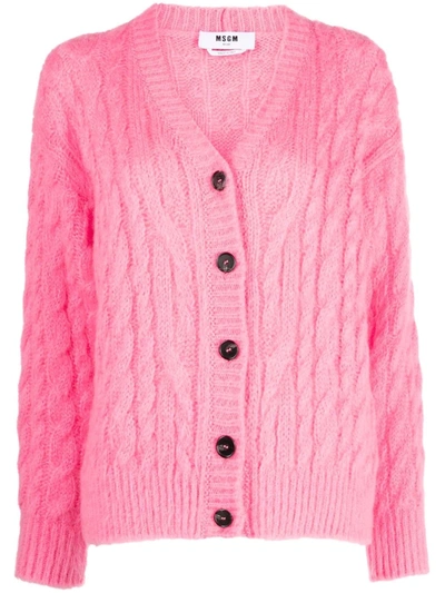 Msgm Cable-knit Button-up Cardigan In Pink