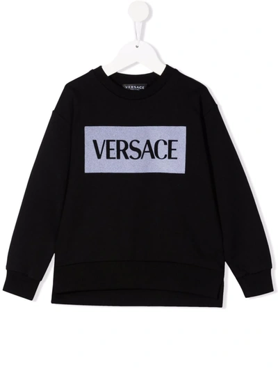 Versace Kids' Logo印花平纹针织卫衣 In Black