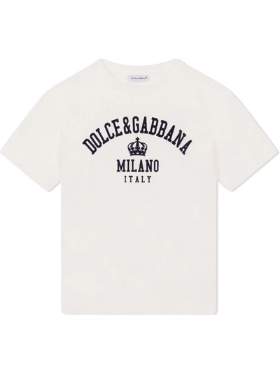 Dolce & Gabbana Kids' Flocked Logo-print Cotton T-shirt In White