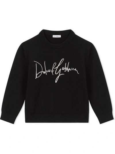 Dolce & Gabbana Kids' Logo-embroidered Virgin Wool Jumper In Black