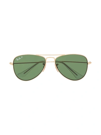 Ray-ban Junior Kids' Green-tinted Aviator Sunglasses In Gold