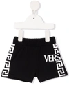 Versace Black Bermuda Shorts With White Greca Print And Logo Kids In Black
