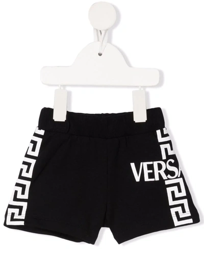 Versace Babies' Black Bermuda Shorts With White Greca Print And Logo Kids