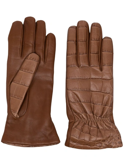 Bottega Veneta Brown Crocodile-effect Leather Gloves