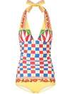 Dolce & Gabbana Carretto-print One-piece Swimsuit With Plunging Neckline In Yellow