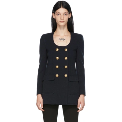 Saint Laurent Double-breasted Wool-blend Jersey Jacket In Blue