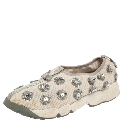 Pre-owned Dior White Mesh Fusion Floral Embellished Slip On Sneakers Size 38