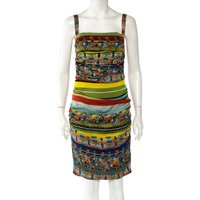 Pre-owned Dolce & Gabbana Multicolor Sicilian Warrior Stripe Printed Silk Ruched Sleeveless Mini Dress L