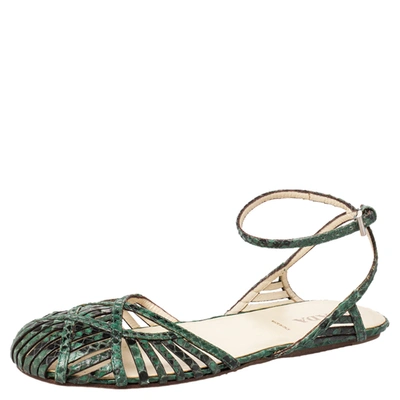 Pre-owned Prada Green/black Python Flat Ankle Strap Sandals Size 37