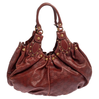Pre-owned Gucci Ssima Pelham Studded Hobo In Brown