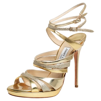 Pre-owned Jimmy Choo Metallic Gold Leather And Coarse Glitter Cage Open Toe Sandals Size 37.5