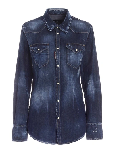 Dsquared2 Stonewashed Distressed-effect Denim Shirt In Dark Wash