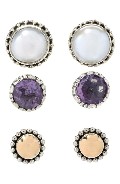 Samuel B. Sterling Silver Set Of 3 Amethyst, Pearl And 18k Stud In Purple