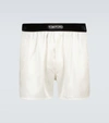 Tom Ford Velvet-trimmed Stretch-silk Satin Boxer Shorts In White