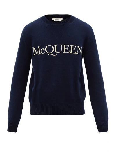 Alexander Mcqueen Mens Navy Ivory Black Logo-embroidered Cotton-knit Jumper M In Blue