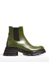 Alexander Mcqueen Patent Leather Ankle Boots In Khaki Black