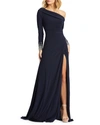 Mac Duggal Long-sleeve Beaded Cuff Asymmetric Jersey Wrap Gown In Black Multi