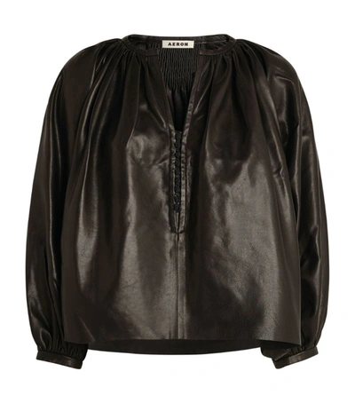 Aeron Lahore 3/4-sleeve Leather Blouse In Black